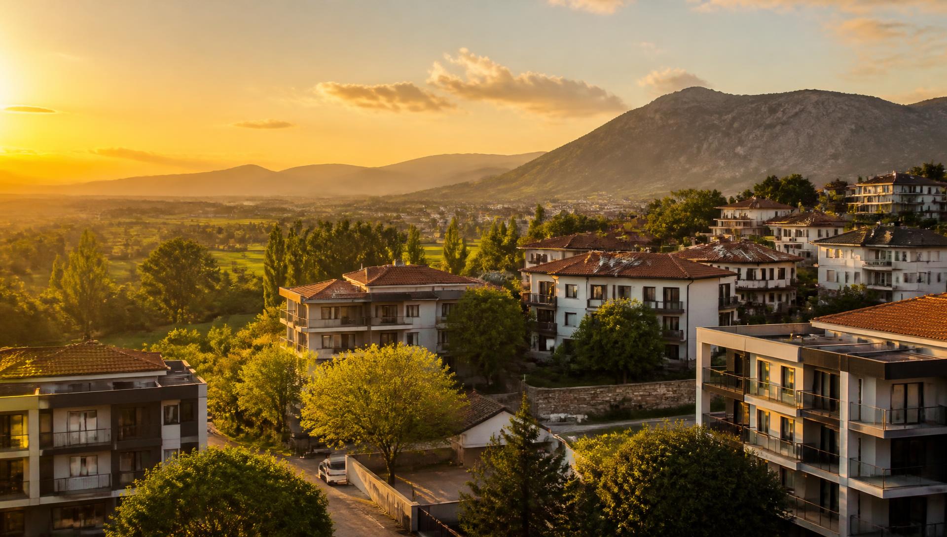 Mustafakemalpaşa'da gün batımında konutlar ve ovaya bakan manzara
